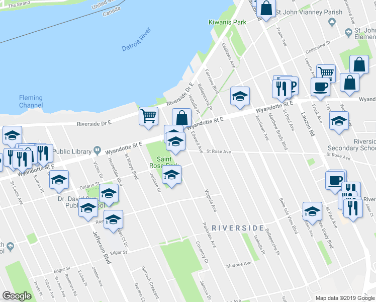 map of restaurants, bars, coffee shops, grocery stores, and more near 7015 Saint Rose Avenue in Windsor