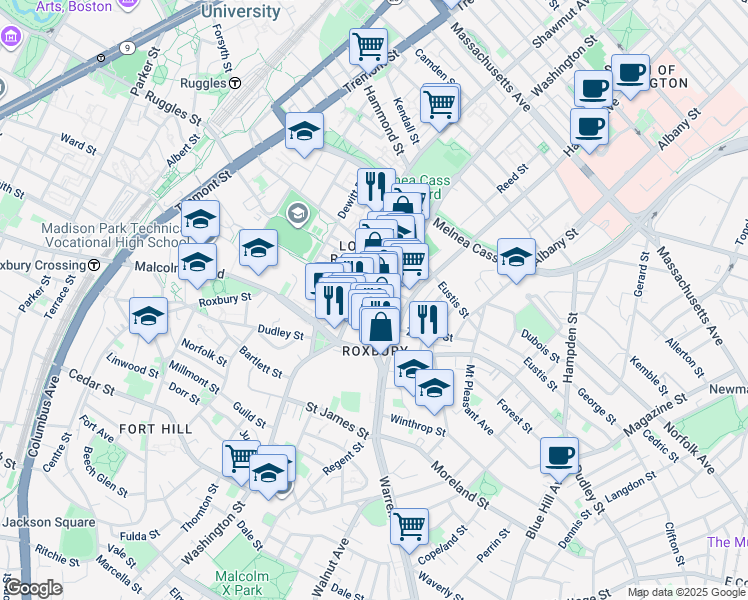 map of restaurants, bars, coffee shops, grocery stores, and more near 2262 Washington Street in Boston