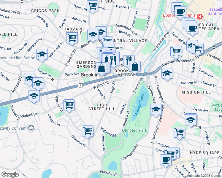map of restaurants, bars, coffee shops, grocery stores, and more near 44 High Street in Brookline