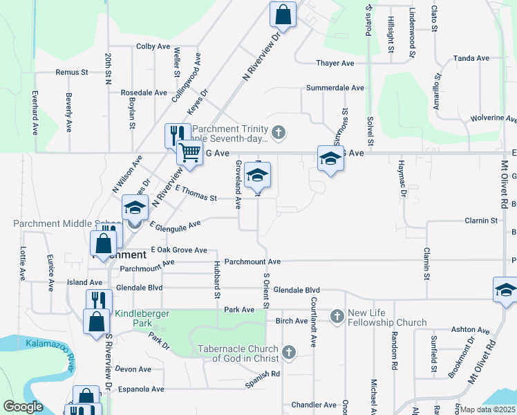 map of restaurants, bars, coffee shops, grocery stores, and more near 516 North Orient Street in Parchment