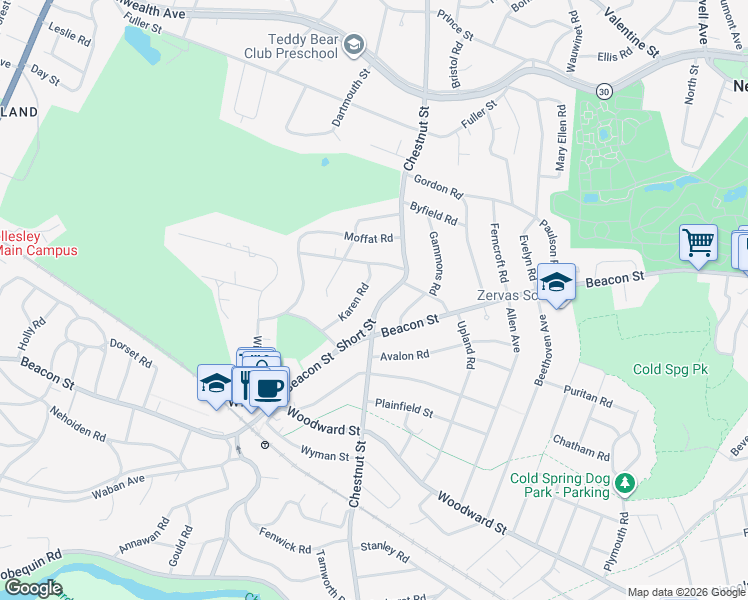 map of restaurants, bars, coffee shops, grocery stores, and more near 583 Chestnut Street in Newton