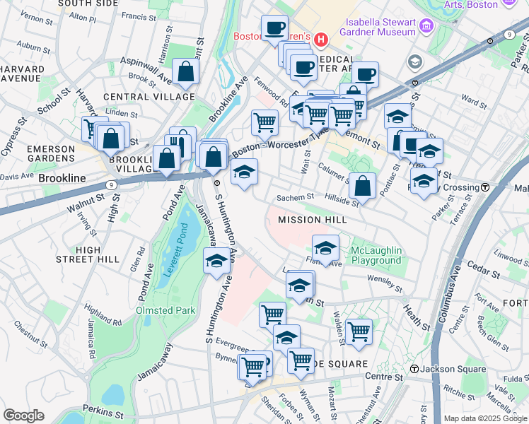 map of restaurants, bars, coffee shops, grocery stores, and more near 220 Fisher Avenue in Boston
