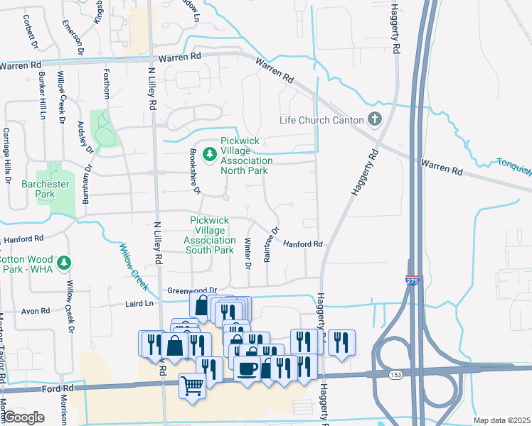 map of restaurants, bars, coffee shops, grocery stores, and more near 41744 Hanford Road in Canton