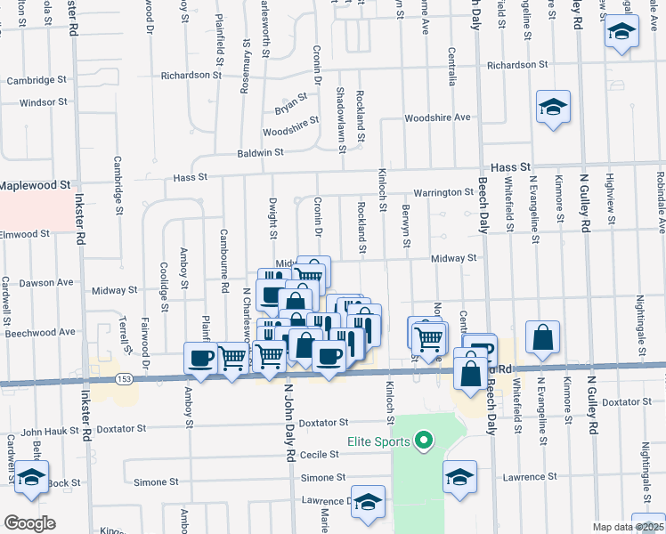 map of restaurants, bars, coffee shops, grocery stores, and more near 26429 Midway Street in Dearborn Heights