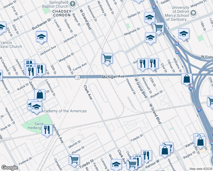 map of restaurants, bars, coffee shops, grocery stores, and more near 2920 Scotten Street in Detroit