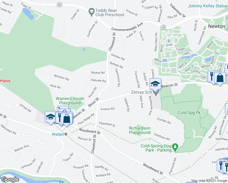 map of restaurants, bars, coffee shops, grocery stores, and more near 23 Roslyn Road in Newton