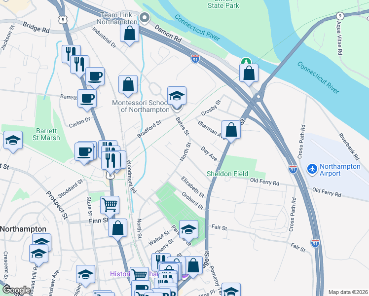 map of restaurants, bars, coffee shops, grocery stores, and more near 234 North Street in Northampton