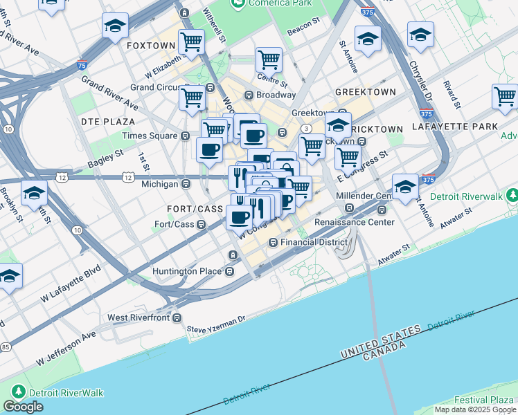 map of restaurants, bars, coffee shops, grocery stores, and more near 719 Griswold Street in Detroit