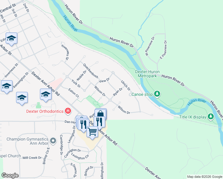 map of restaurants, bars, coffee shops, grocery stores, and more near 3635 Ryan Drive in Dexter