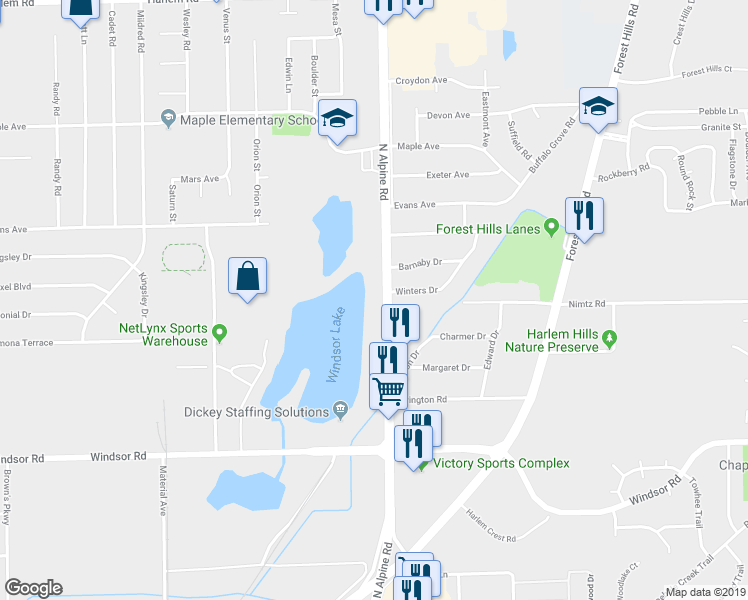 map of restaurants, bars, coffee shops, grocery stores, and more near 7320 North Alpine Road in Loves Park