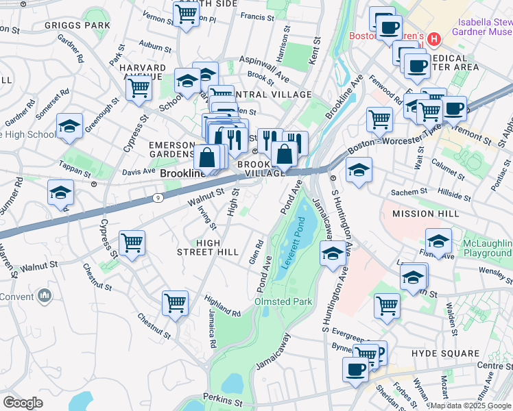 map of restaurants, bars, coffee shops, grocery stores, and more near 38 Juniper Street in Brookline
