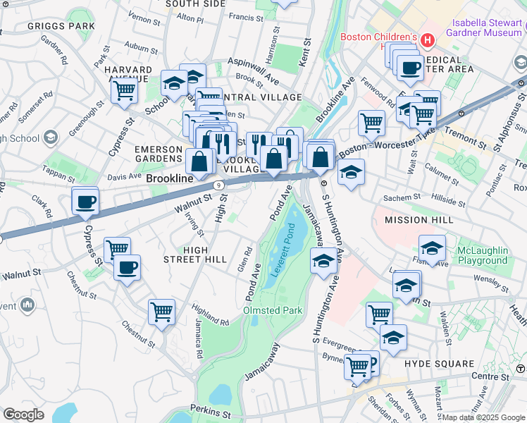 map of restaurants, bars, coffee shops, grocery stores, and more near 77 Pond Avenue in Brookline