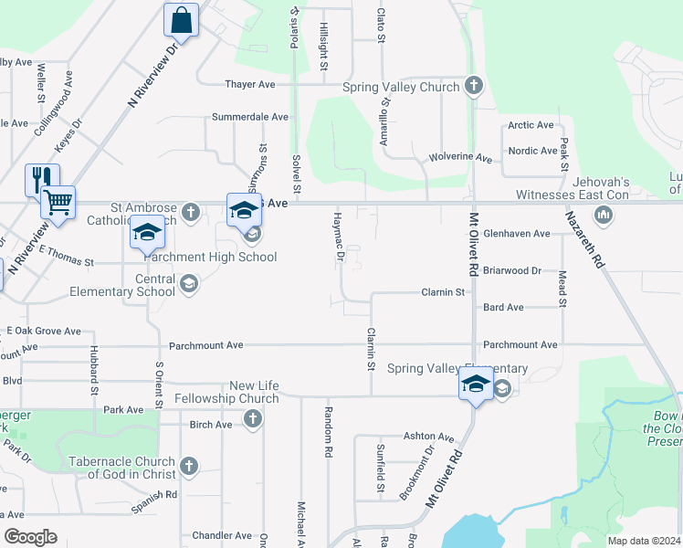 map of restaurants, bars, coffee shops, grocery stores, and more near 153 Haymac Drive in Parchment