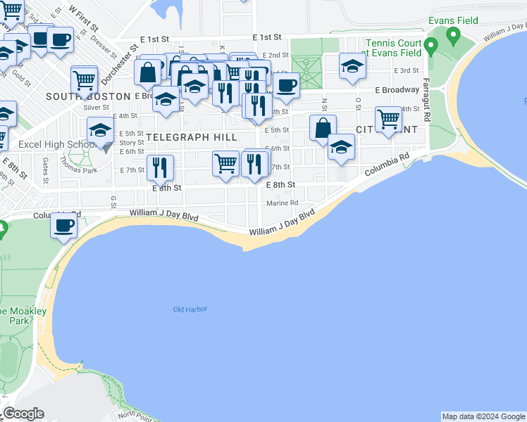 map of restaurants, bars, coffee shops, grocery stores, and more near 249 L Street in Boston