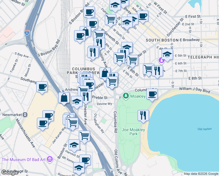 map of restaurants, bars, coffee shops, grocery stores, and more near 23 Vinton Street in Boston