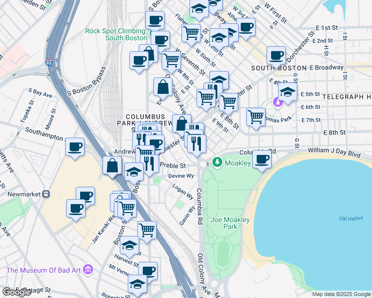 map of restaurants, bars, coffee shops, grocery stores, and more near 23 Vinton Street in Boston