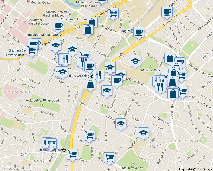 map of restaurants, bars, coffee shops, grocery stores, and more near 13 Centre Street in Boston
