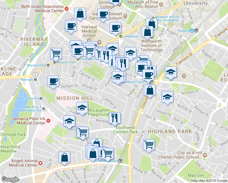 map of restaurants, bars, coffee shops, grocery stores, and more near 5R Cherokee Street in Boston