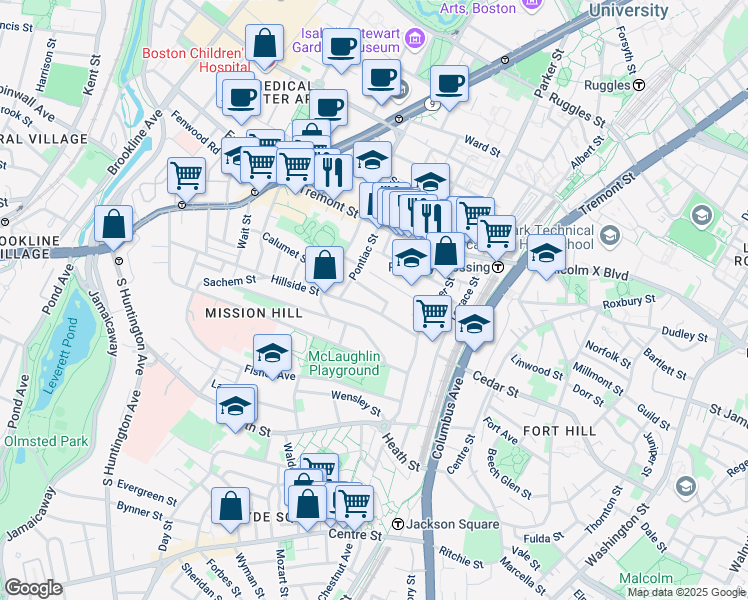 map of restaurants, bars, coffee shops, grocery stores, and more near 60 Hillside Street in Boston