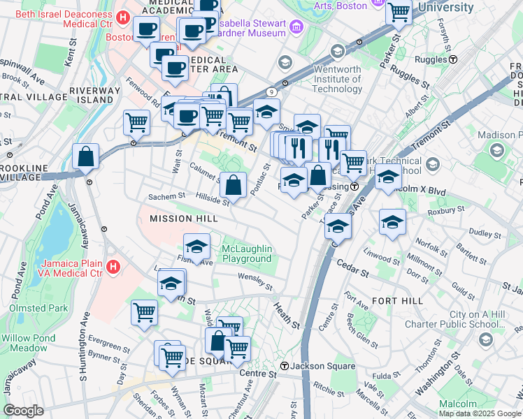 map of restaurants, bars, coffee shops, grocery stores, and more near 60 Hillside Street in Boston
