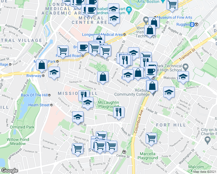 map of restaurants, bars, coffee shops, grocery stores, and more near 60 Hillside Street in Boston