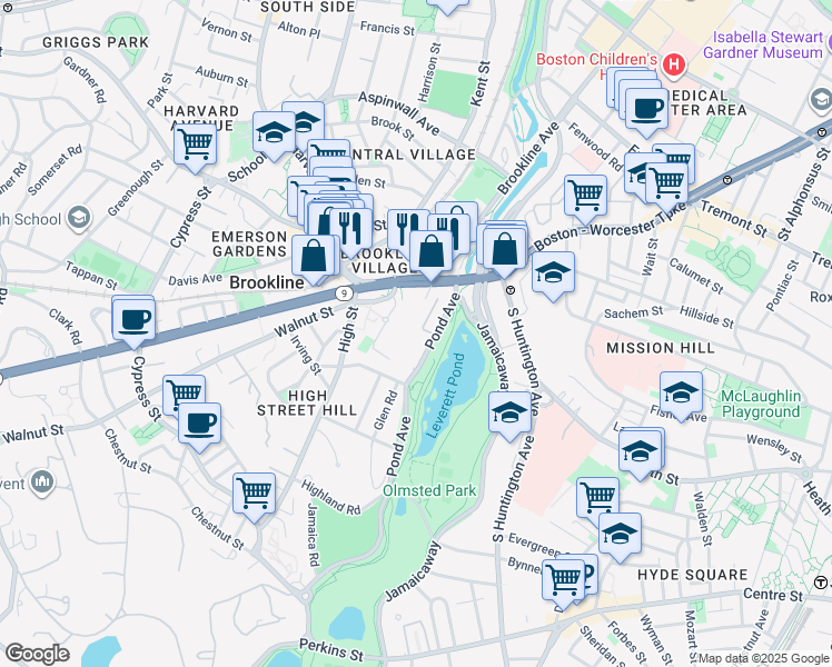 map of restaurants, bars, coffee shops, grocery stores, and more near 77 Pond Avenue in Brookline
