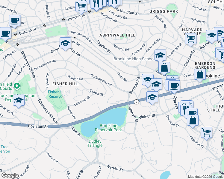 map of restaurants, bars, coffee shops, grocery stores, and more near 70 Buckminster Road in Brookline