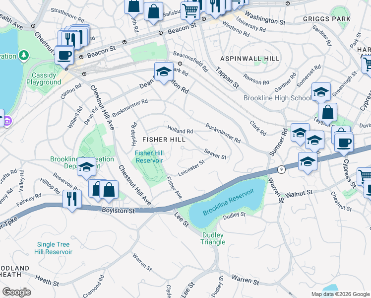map of restaurants, bars, coffee shops, grocery stores, and more near 7 Olmsted Road in Brookline