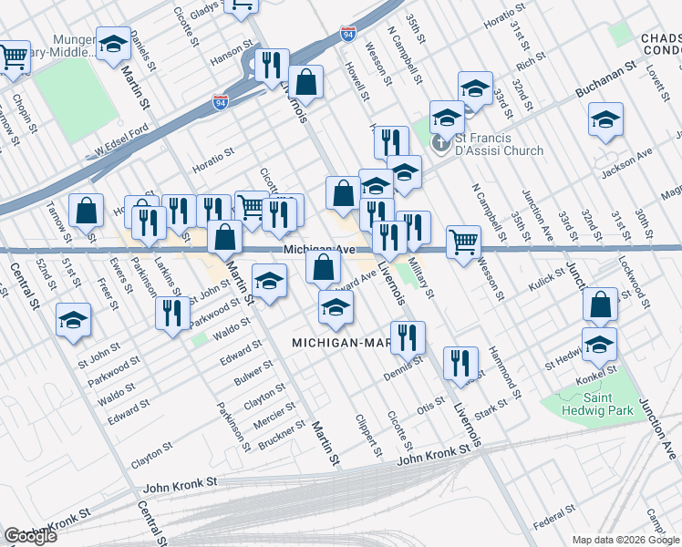 map of restaurants, bars, coffee shops, grocery stores, and more near 4030 Cicotte Street in Detroit