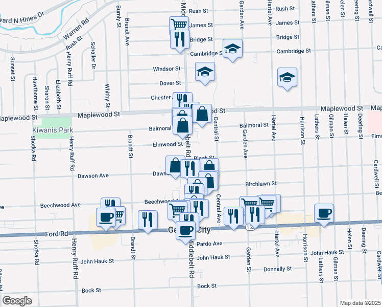map of restaurants, bars, coffee shops, grocery stores, and more near 6071 Middlebelt Road in Garden City