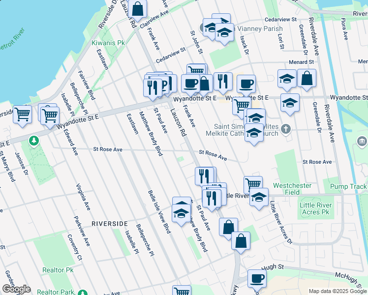 map of restaurants, bars, coffee shops, grocery stores, and more near 7890 Saint Rose Avenue in Windsor