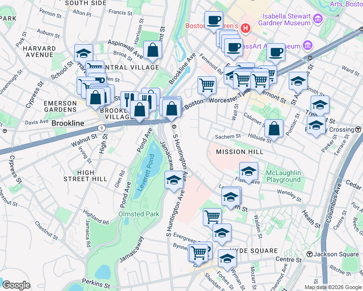 map of restaurants, bars, coffee shops, grocery stores, and more near 78 South Huntington Avenue in Boston