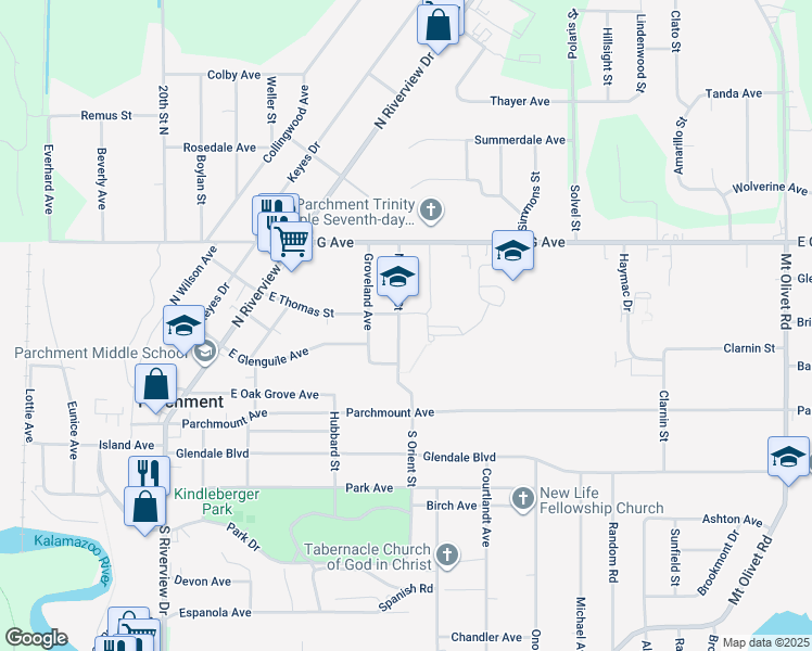 map of restaurants, bars, coffee shops, grocery stores, and more near 516 North Orient Street in Parchment