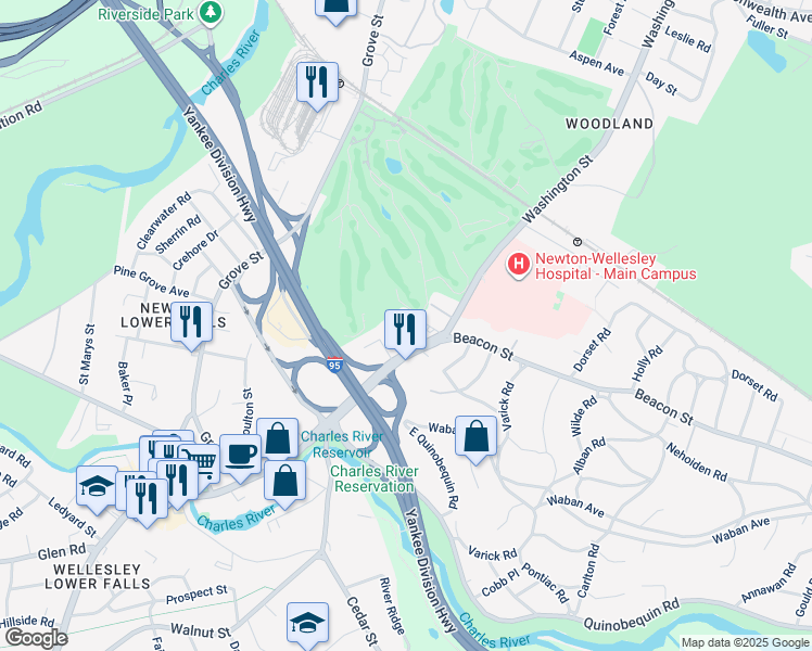 map of restaurants, bars, coffee shops, grocery stores, and more near 2101 Washington Street in Newton
