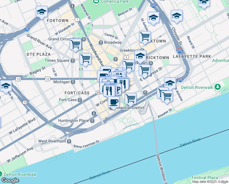 map of restaurants, bars, coffee shops, grocery stores, and more near 611 Woodward Avenue in Detroit