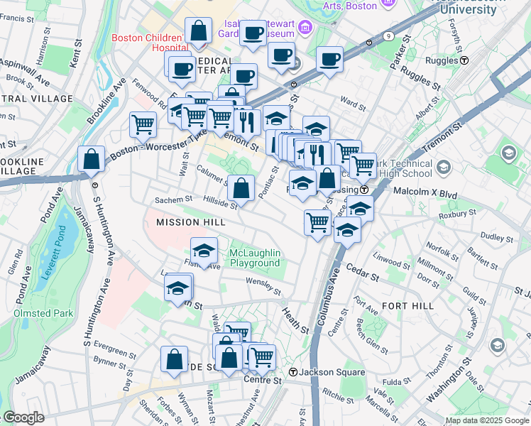 map of restaurants, bars, coffee shops, grocery stores, and more near 60 Hillside Street in Boston