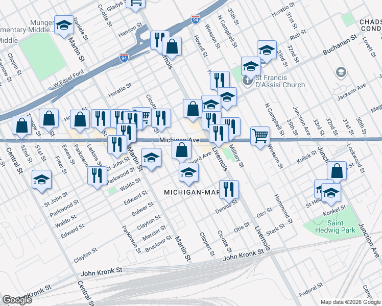 map of restaurants, bars, coffee shops, grocery stores, and more near 4030 Cicotte Street in Detroit