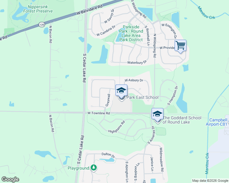 map of restaurants, bars, coffee shops, grocery stores, and more near 993 Greywall in Round Lake