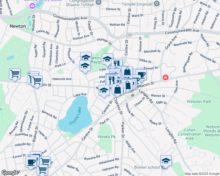 map of restaurants, bars, coffee shops, grocery stores, and more near 847 Beacon Street in Newton