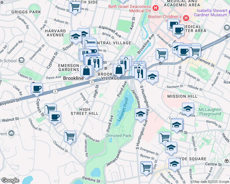 map of restaurants, bars, coffee shops, grocery stores, and more near 77 Pond Avenue in Brookline