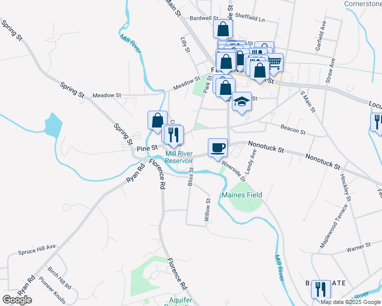map of restaurants, bars, coffee shops, grocery stores, and more near 251 Nonotuck Street in Northampton