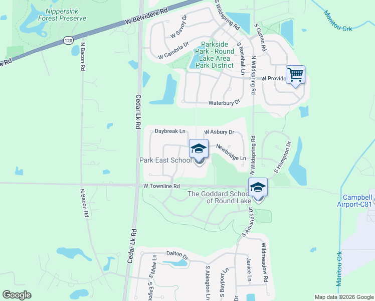 map of restaurants, bars, coffee shops, grocery stores, and more near 429 Newbridge Lane in Round Lake