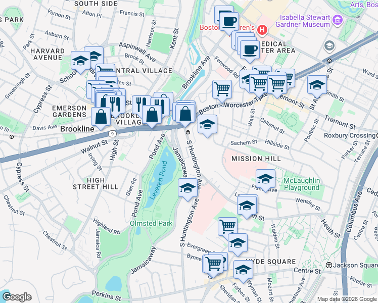 map of restaurants, bars, coffee shops, grocery stores, and more near 70 Jamaicaway in Boston