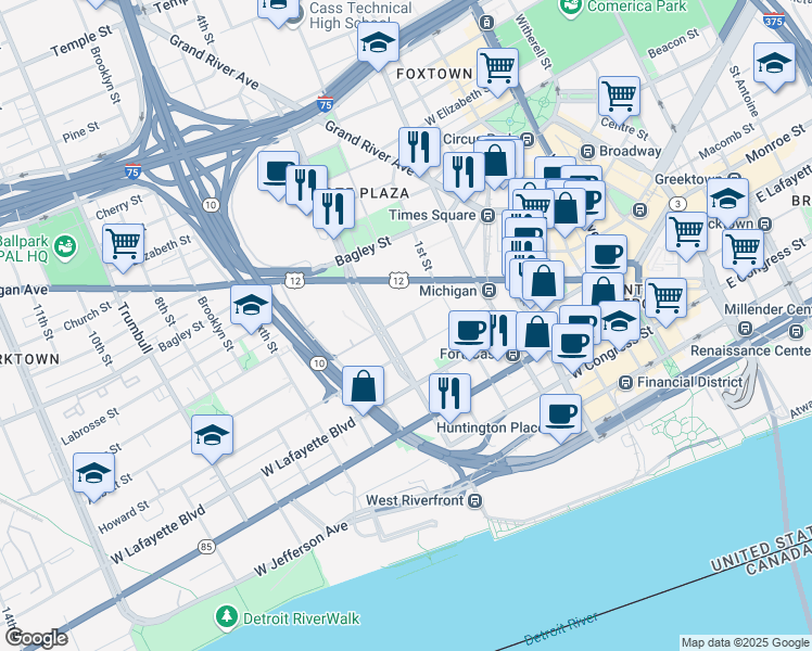 map of restaurants, bars, coffee shops, grocery stores, and more near 608 Howard Street in Detroit