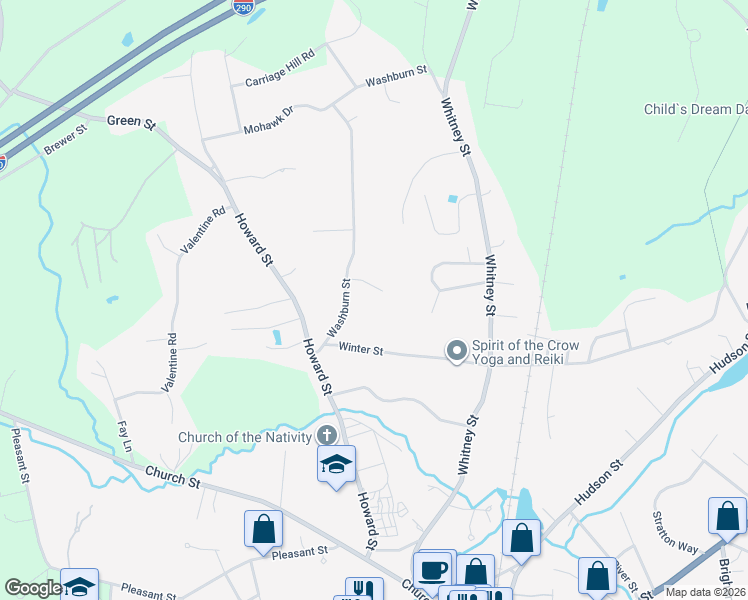 map of restaurants, bars, coffee shops, grocery stores, and more near 20 Washburn Street in Northborough