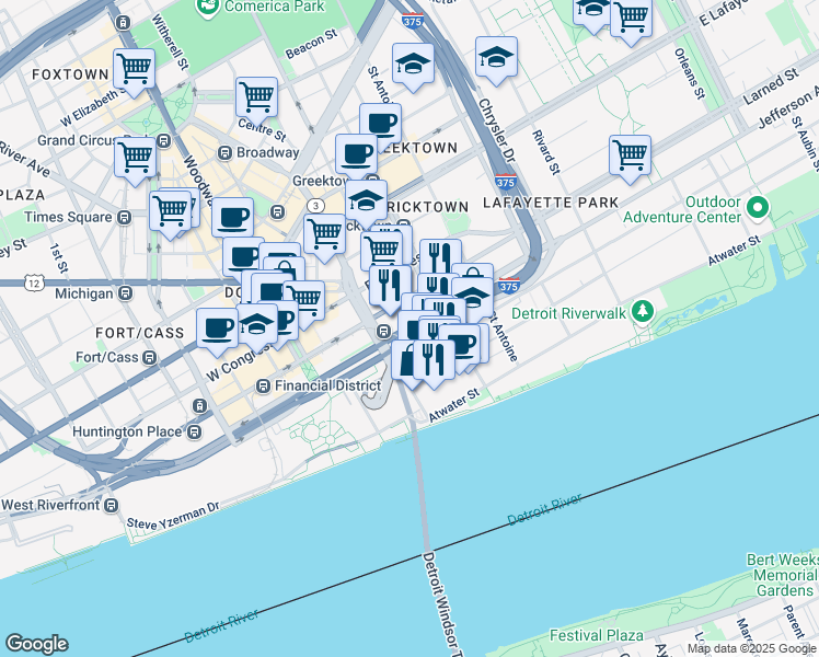 map of restaurants, bars, coffee shops, grocery stores, and more near 441 East Jefferson Avenue in Detroit