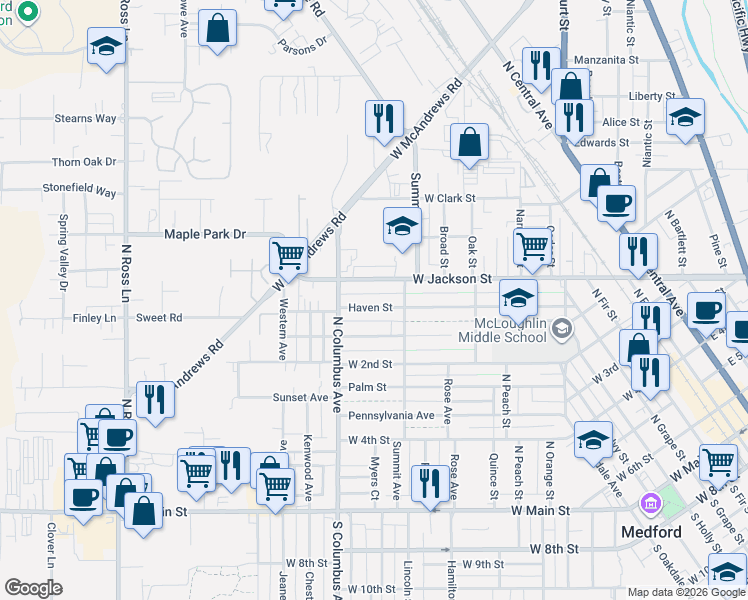 map of restaurants, bars, coffee shops, grocery stores, and more near 526 Haven Street in Medford
