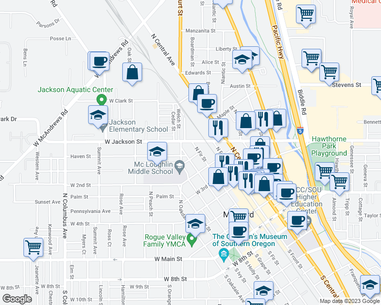 map of restaurants, bars, coffee shops, grocery stores, and more near 600 N Grape St in Medford