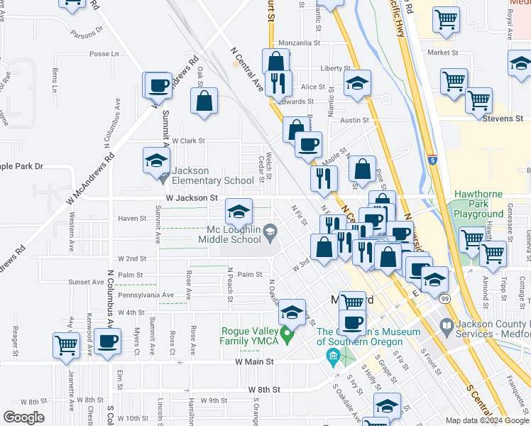 map of restaurants, bars, coffee shops, grocery stores, and more near 210 Haven Street in Medford