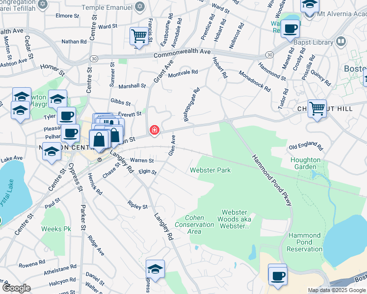 map of restaurants, bars, coffee shops, grocery stores, and more near 11BB Beacon Place in Newton